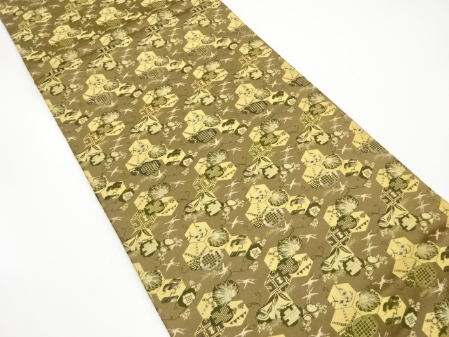 JAPANESE KIMONO / ANTIQUE MARU OBI / SILK / WOVEN SHOCHIKUBAI & CRANE